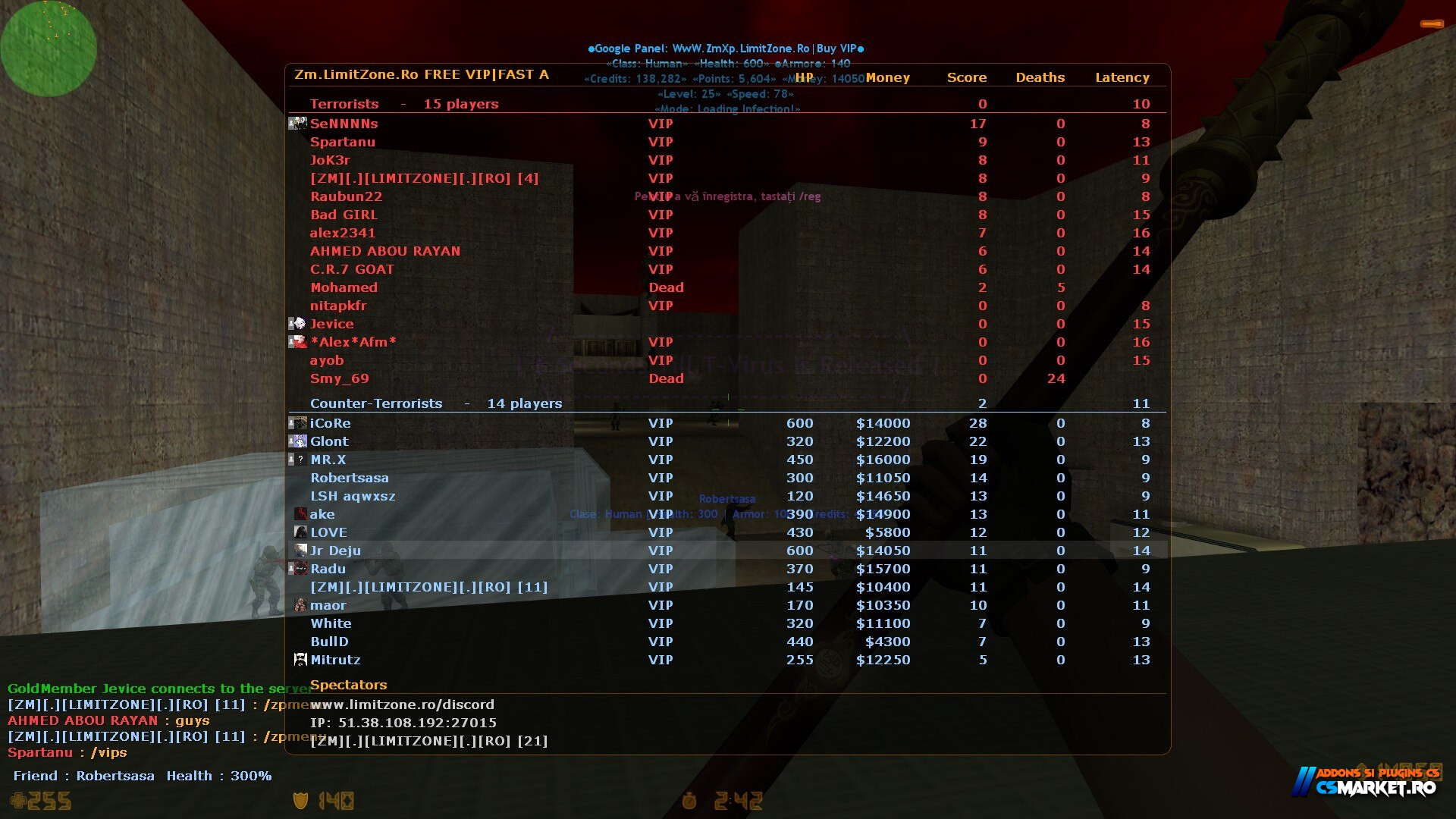 ShadowVirus - Server Zombie Plague CS 1.6 cu Levels, Credits, VIP și SQL Save