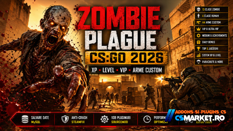 Addon Zombie Plague pentru CS:GO 2026 - XP, Level, VIP si Arme Custom